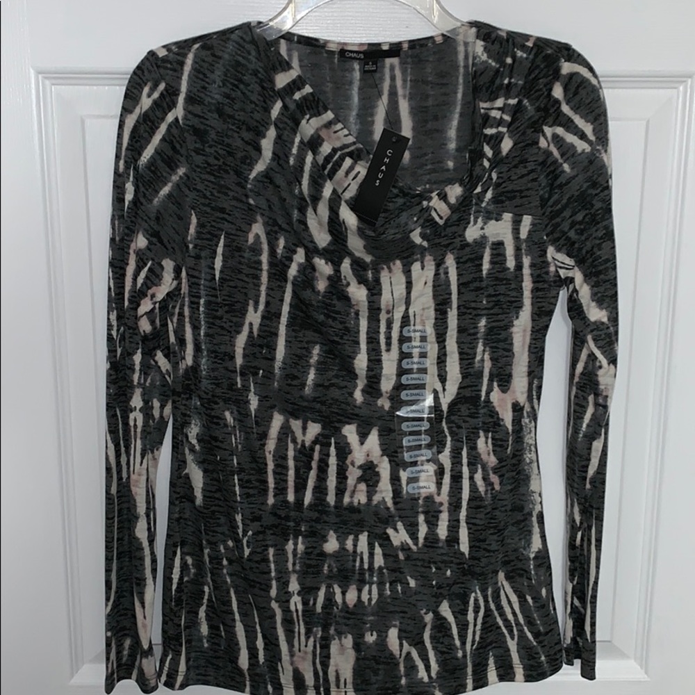 Ladies Chaus blouse..black multi..drape neck..NWT